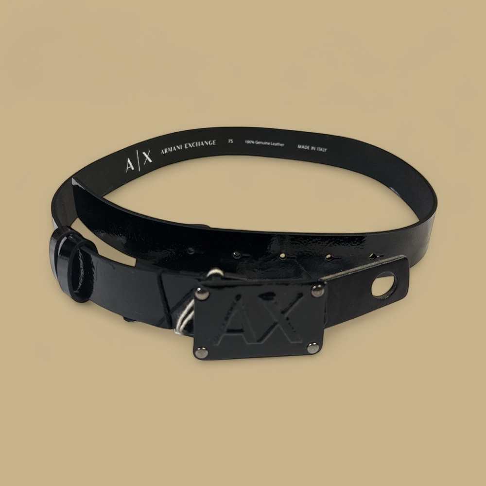 A/X Armani Exchange Plate Belt Leather and Metal Black Size 75/Small NWT